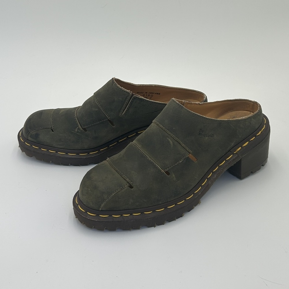 Dr Martens VTG 8180 Made In England Olive Green Mules Clogs Shoes Size UK 7 US 9